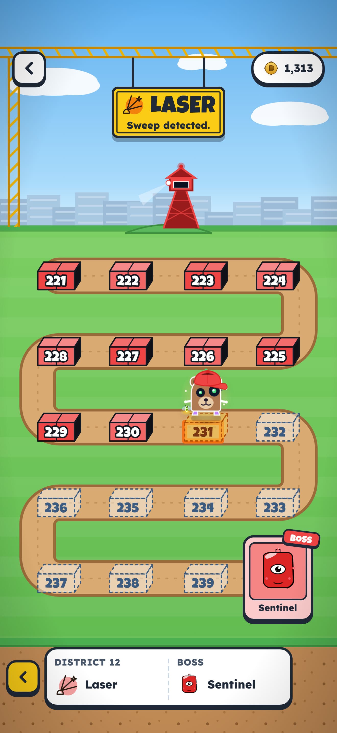The District Map: a building site with one block per level, the Laser district's sign hung from a crane, and the boss at the end of the road