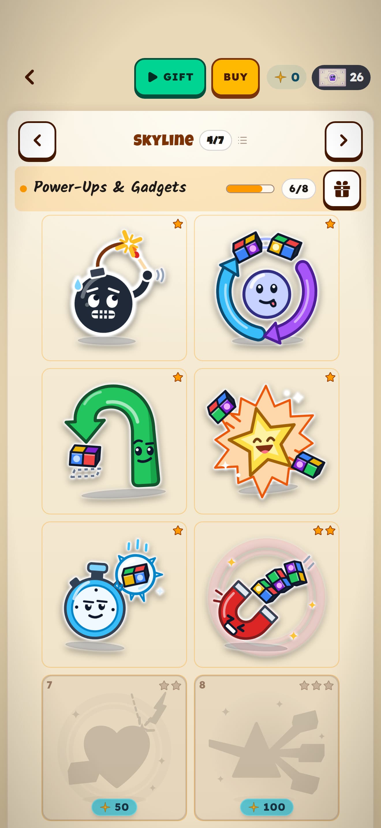 A Sticker Book page, Power-Ups and Gadgets, most of its stickers in