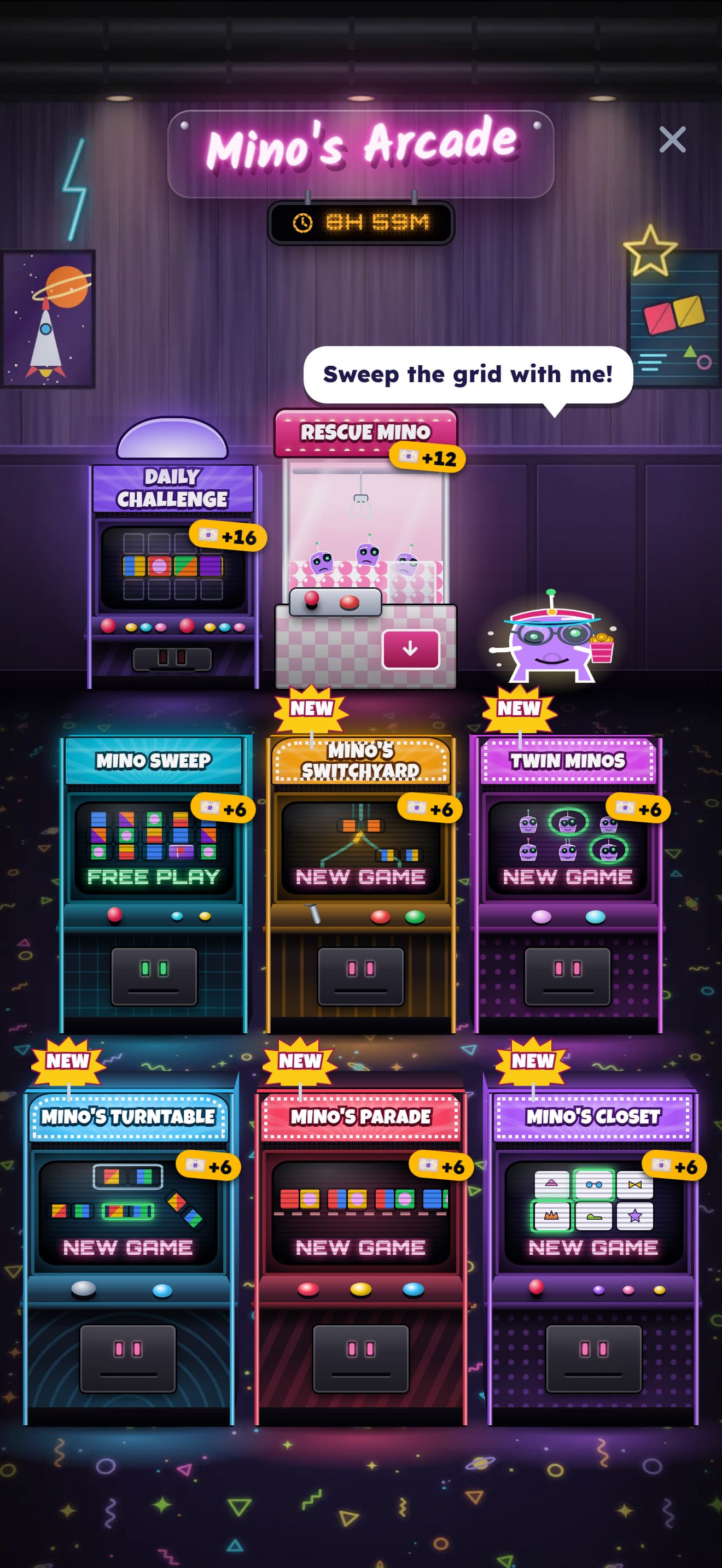 The Arcade: eight machines on a neon floor, with the Daily Challenge cabinet first