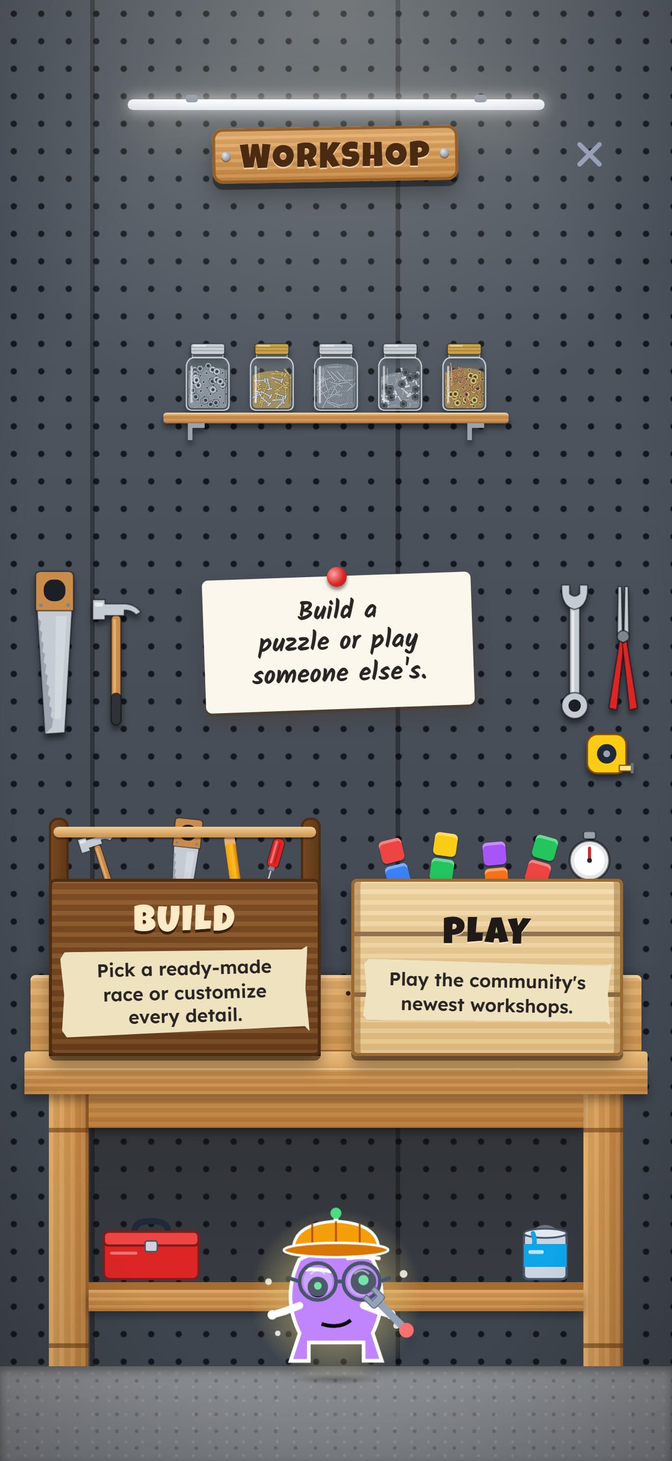 The Workshop's pegboard, with Build and Play on the bench